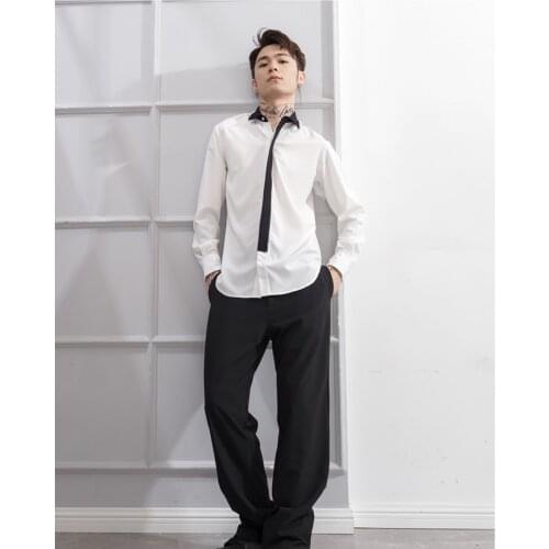 White slim shirt mens slim long sleeve shirt black collar with dark placket and round hem