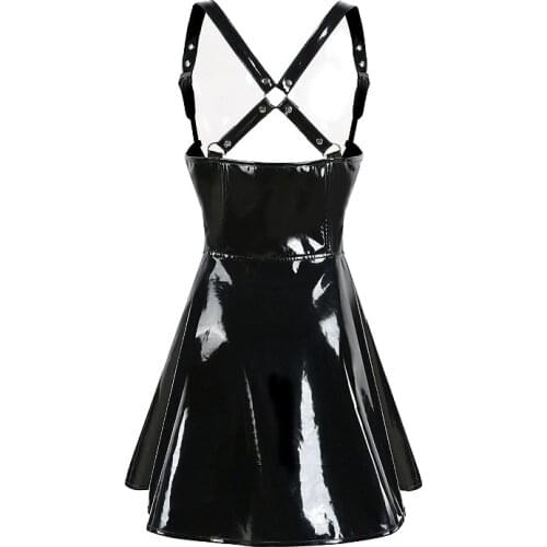 2021 New Girl Sexy Costume Women Sexy PVC Leather Zipper Mini Dress Black Wet Look Nightclub DS Pole Dance Costume