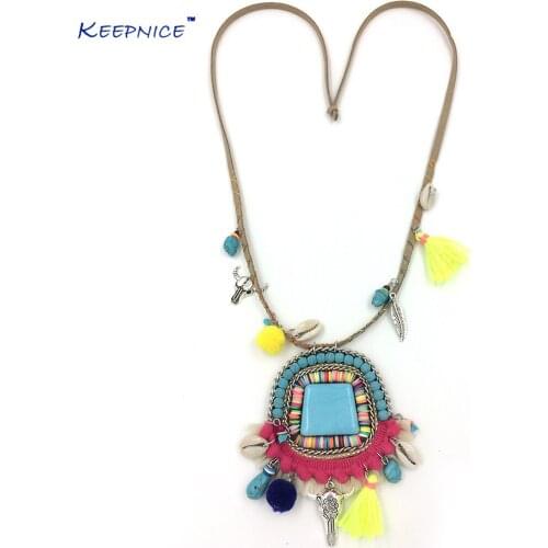 New Boho Bohemia Handmade Tauren Tassel Pendants Necklace Aqua Stone Pendants Leather Cord Necklace Summer Sea Beach