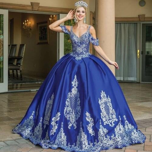Royal Blue Quinceanera Dresses Lace Up Silver Appliqued V Neck Princess Ball Gown Prom Party Wear Sweet 16 Dress Vestidos