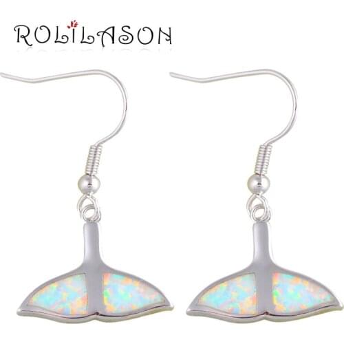 ROLILASON High Quality Bezel Setting Design White Fire Opal Silver Stamped Fashion Jewelry Dangle Earrings for Ladies OES594