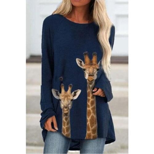Women Casual Long Sleeve Shirts & Tops Women Fashion Clothes Round Neck Loose Animal Print T-shirts Cotton Pullover Sweatshirts