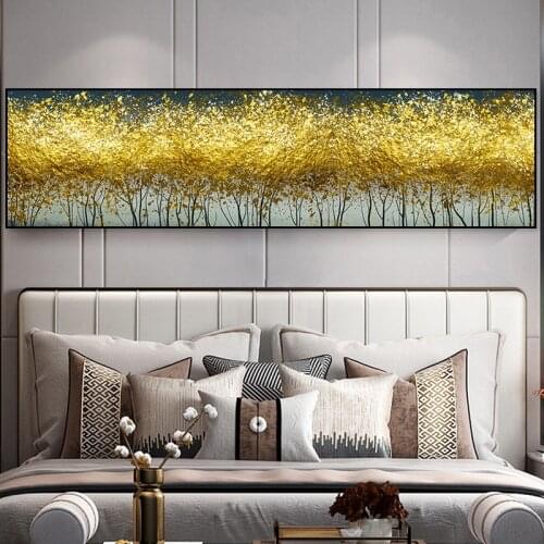 Long Abstract Modern Gold Leaves Tree Wall Art Canvas Paintings Poster Pictures and Print for Bedroom Interior Home Decoration
