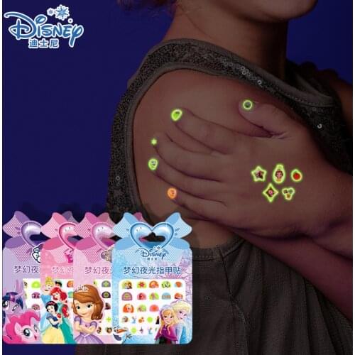 Girls Frozen Elsa Anna Luminous Nail Stickers Makeup Toys Cartoon Disney Princess Sofia Minnie Kids Glow In Dark Nail Stickers