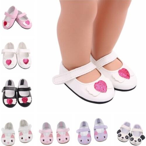New Arrival Cute Cat /Panda/Glitter Heart Shape 7cm PU Leather Shoes For 43cm Baby Dolls Mini Toy Shoe Doll Accessories