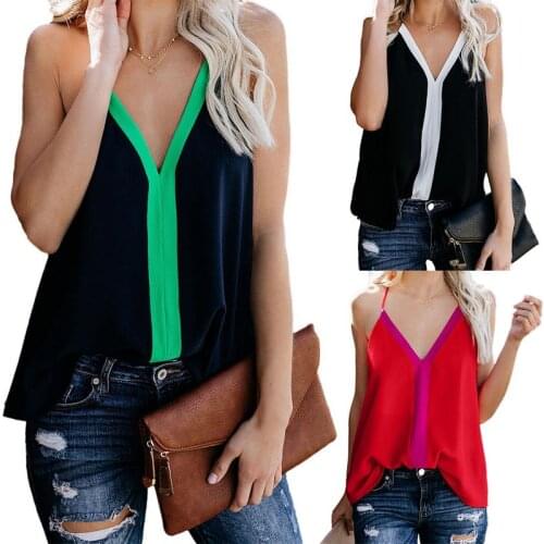Women Summer Beautiful V-Neck T-shirt Spaghetti Strap Contrast Color Chiffon Casual Shirt Hot Sale 2019