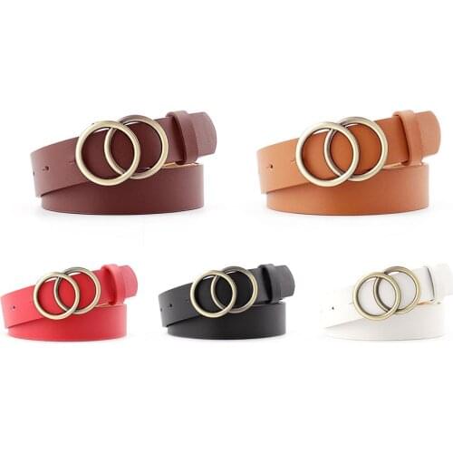 Faux Leather Fashion Belt Double Round Buckle Ring Women Waist Belt Female For Jeans Pants Trousers Dress Ceinture Femme