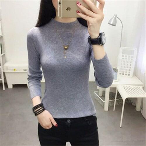 Spring And Autumn Womens Tops Half High Neck Solid Color Striped Knitted Sweater Slim Simple Pullover Womens Knitted Top