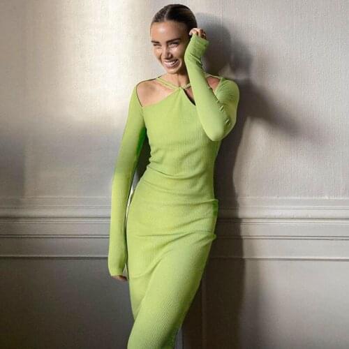 Dresses For Women 2021 Autumn Elegant Knitted Mid-length Dress Hollow Out Elastic Slim Long Sleeve Sexy Party Club Dress Solid