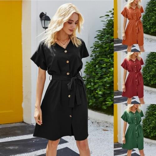Summer Women Dress 2021 Fashion Women Solid Color V-Neck Elegant Button Lotus Leaf Sleeve Belt Dresses Holiday Vintage Vestidos