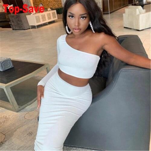 2020 Autumn One Shoulder Crop Top And Skirt Two Piece Set Women Slim Sexy Night Club Party Bandage Dress Package Hip Outfits