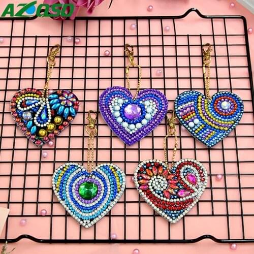 AZQSD 5D Diamond Painting Key Chain Round Love Heart Sticker Double Sided Christmas Decor DIY Crystal Pattern Diamond Embroidery