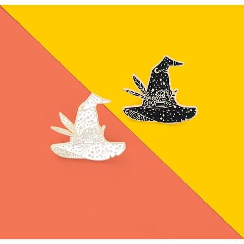 Custom Black White Wizard Punk Enamel Pin Star Moon Witch Hat Brooch Bag Clothes Lapel Pin Badge Gothic Jewelry Gift for Friends