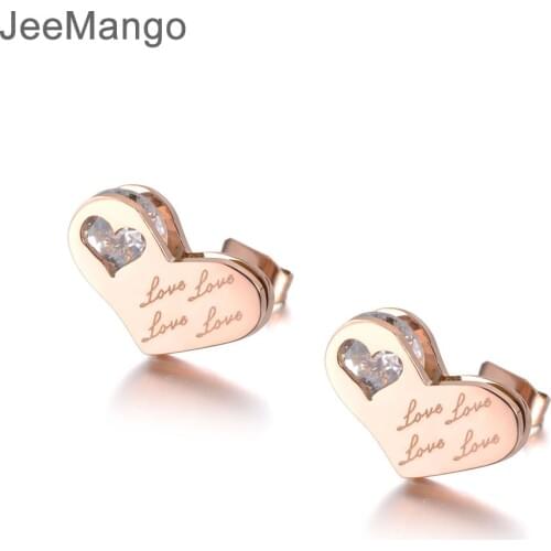 JeeMango Stainless Steel Jewelry Love Heart Stud Earrings For Women Girls Rose Gold Heart CZ Crystal Engagement Earrings JE19034