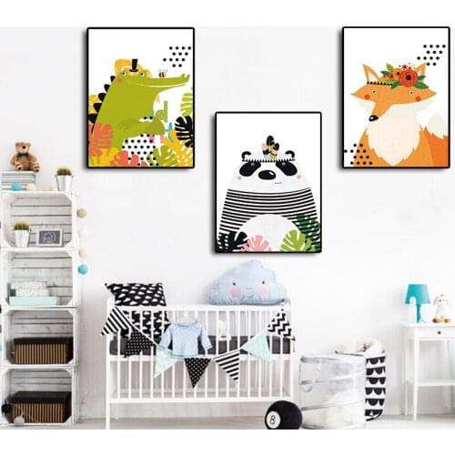 Kawaii Abstract Gorgeous Color Flowers Crocodile Bear Fox Canvas Art Painting Print Poster Picture Wall Children Home Decoration