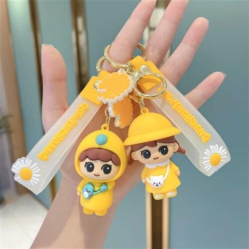 New PVC Cartoon Yellow Hat Girl Boy Keychain Car Keyring Bag Couple Pendant Soft Transparent Lanyard Doll Gift Stationery