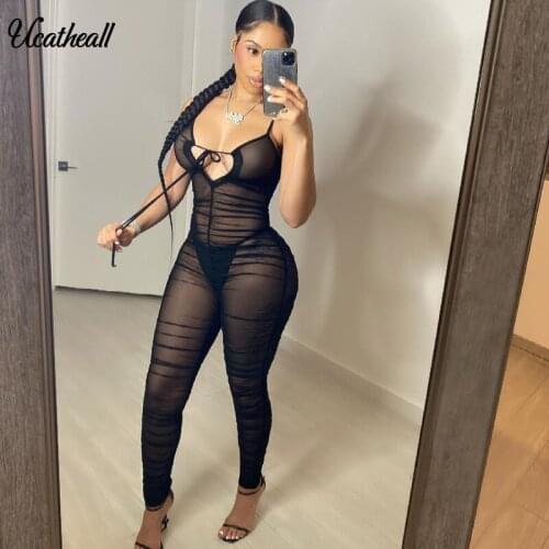 Ruched Transparent Mesh Sexy Jumpsuit Clubwear V-neck Sleeveless Bodycon JumpSuits For Women One Piece Outfits