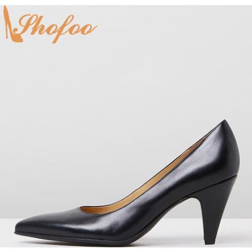 Shofoo Black Pointy Toe Pumps Woman Med Kitten Heels Large Size 12 15 Ladies Female Fashion Office Casual Shoes Autumn Mature
