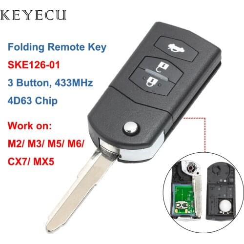 Keyecu Folding Remote key Car Starter 3 Button 433MHz 4D63 Chip for Mazda 2 / 3 / 5 / 6 / MX5 / CX7 (SKE126-01)