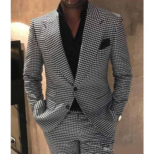 Houndstooth Groom Tuxedos Peak Lapel Mens Wedding Tuxedo Fashion Mens Jacket Blazer Men Prom Dinner Darty Suit Jacket+Pants+Tie