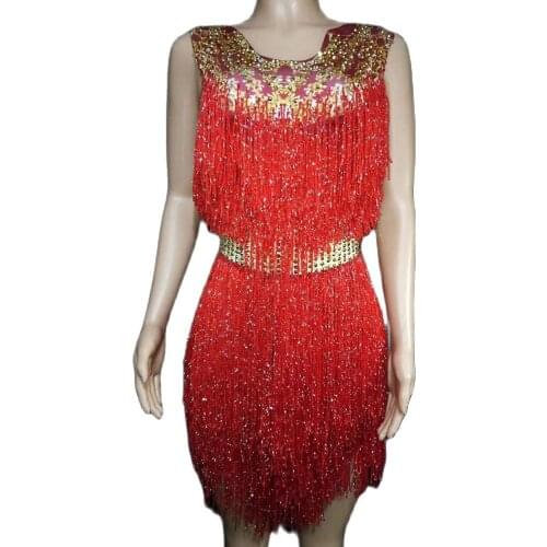Rhinestones Printing Red Tassel Dress Backless Sleeveless Performance Clothing Stage Wear Club Costume For Women Fringe Dress