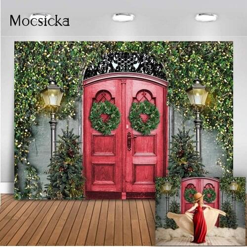 Red Door Christmas tree Vine Backdrop for Photography Studio Vintage Light Photo Background Studio Children Birthday Photo Shoot