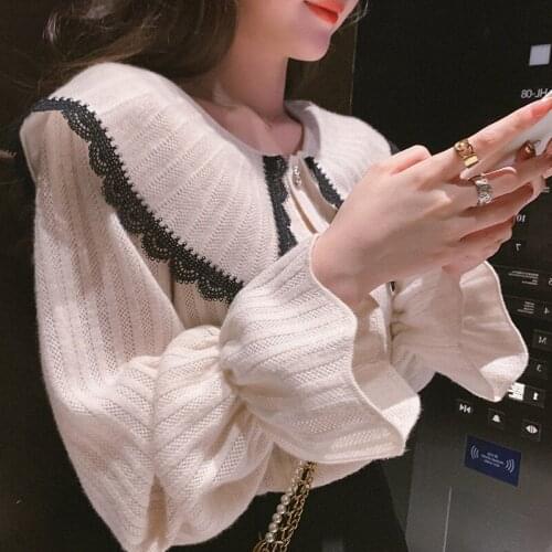 Sueters De Mujer Korean Fashion Hit Color Flare Sleeve Knitted Sweater Coat Autumn Doll Cropped Cardigan White Oversize Tops