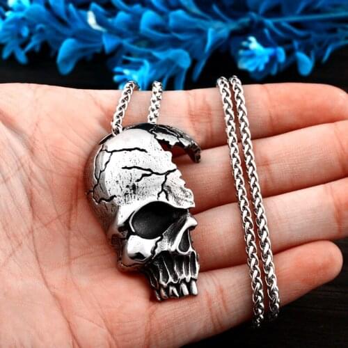 Vintage Broken Skull Stainless Steel Pendant Necklace Half Face Skull Necklaces For Men Fashion Punk Gothic Jewelry Wholesale
