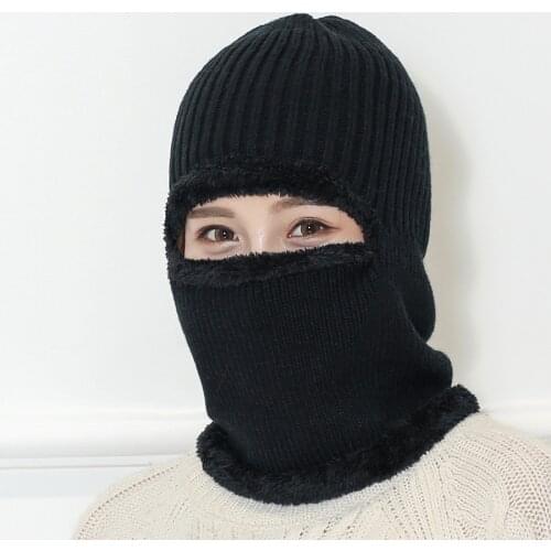 2019 Unisex Neck Warmer Knitted Beanies Cap Ring Scarf Winter Hat Thick Beanie Fleece Hat Balaclava with Neckwarmer One Piece