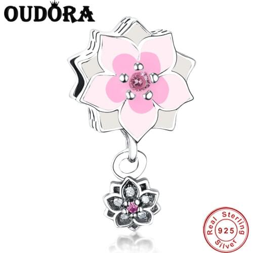 Pink Flower Charm Fit Original Pandora Bracelet Charm 925 Sterling Silver Zircon Beads Women Jewelry DIY Berloque Making