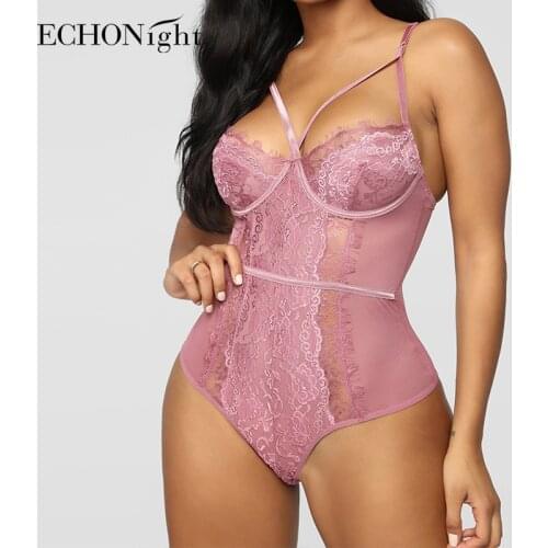 Echonight Sexy Lace Plus Size Bodysuit Women Body Sleveless Bodycon Rompers Push up Overalls Female Deep-v Bodysuits