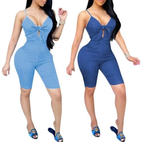 Women Sexy Sleeveless Overalls Solid Color Deep V-neck Backless Playsuits Blue Dark Blue