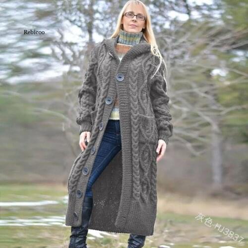 Womens Hooded Thick Knitted Sweater Cardigan Coat Long Sleeve Winter Warm Hooded Cloak Fashion New Plus Size