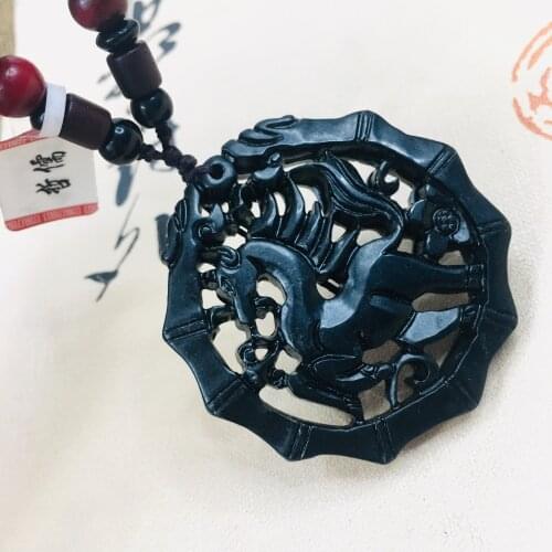 Zheru natural and Tian Moyu carved black hollowed out horse pendant with sandalwood beads necklace men and women sweater chain