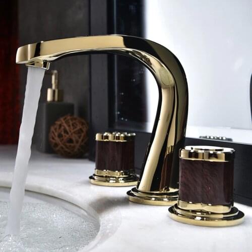 Gold Pvd Solid brass Three Holes Widespread Bathroom Sink Faucet New Hot and cold luxury unique WashBasin Mixer Tap