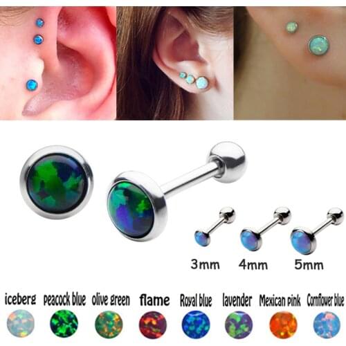 2pcs Opal Stud Earrings Ear Cartilage Piercing Tragus Helix Bar Stainless Steel Daith for Women Men Earing Body Jewelry 16G