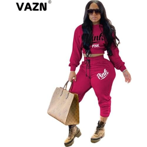 VAZN 2020 Sexy Club Birthday Outfits Fashion Two Piece Women Sets Sexy Hooded Cartoon Crop Ruffle Tops And Full Pants Set