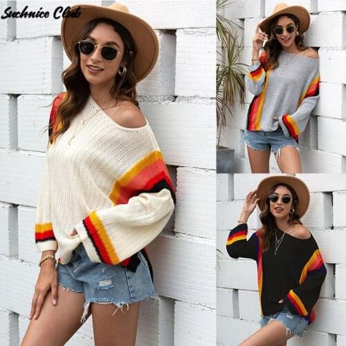 2021 Spring Hollow Stitching Knitted Rainbow Sweater Womens Slash Neck Loose Pullover Sweaters for Women