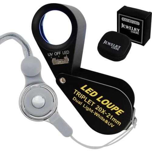 20x Loupe 21mm Optical Glass Magnifier 6 LED Light & UV Light Mini Magnification Jeweller Black Frame Achromatic Triplet Lens