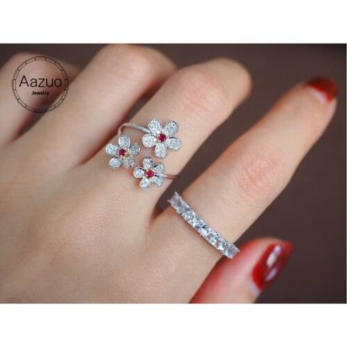 Aazuo 18K Solid White Gold Natural Ruby Real Diamonds H SI Classic 3 Flowers Ring For Women Senior Banquet Party