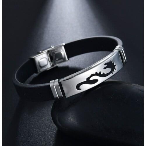 Fashion Stainless Steel Rubber Black Resin Bracelets Men Vintage Jewelry for Women Dragon Buckle Man Bangle Bracelets 21cm