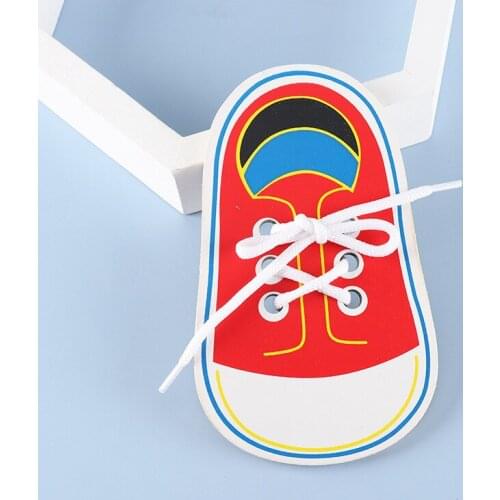Children Montessori Early Learning Tie Shoelaces Puzzles Wood Beads Lacing Board Cute Wooden Shoes Clothes Puzzles Toys