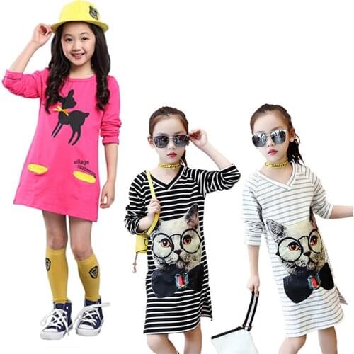 Girls Long T-shirt Base Shirt Dress Soft Cotton Clothes Casual Pullover Print Children Clothing Teenage Girls Costume 2020