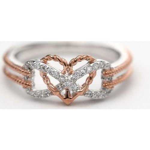 Creative Rose Gold Two-tone Cross Heart Ring for Women Engagement Party Wedding Female Rings Jewelry Hand Accessories