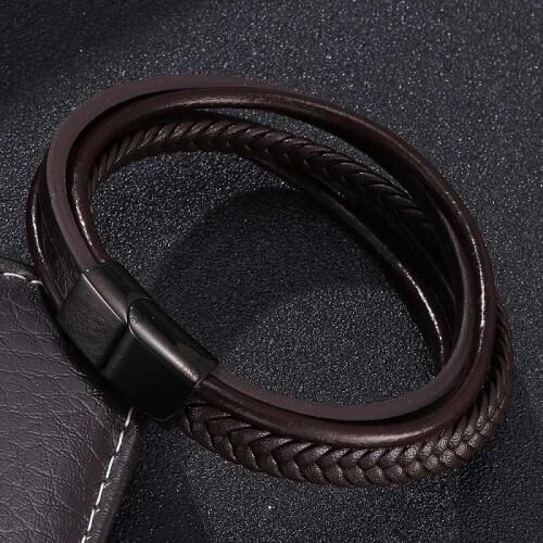 Charm Bracelets for Men Women Brown Multiple Leather Rope Bracelet Magnetic Clasps Male Wrist Band Bangles Jewelry Gifts ST506