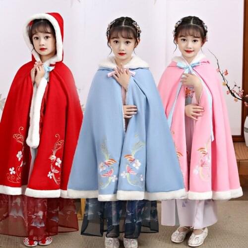 Girls Cape winter New Hanfu Embroidery Plush Thicken Cloak Chinese Children Ancient Shawl Mantle Kids New Years Wear Warm