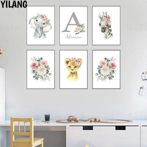 Personalized Initial Custom Name Poster Elephant Nursery Canvas Paintings Flower Wall Art Print Pictures Baby Girl Room Decor