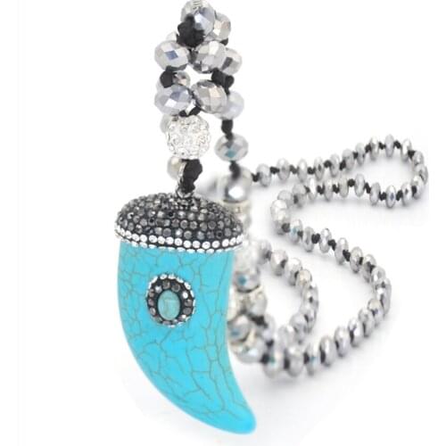 Handmade Weave Ox Horn Green Turquoises Pendant Long Rhinestone Chain Necklace Bohemian Style Jewelry