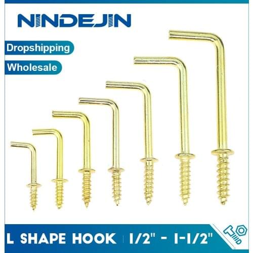 NINDEJIN 20/30pcs 1/2"~1-1/2" L Shape Screw Hook Copper Plated Right Angle Hook Self Tapping Screw in Hook Frame Hangers