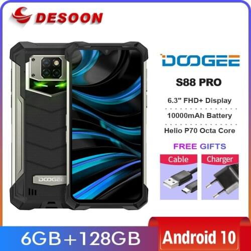 DOOGEE S88 Pro IP68/IP69K Rugged Phone 10000mAh Battery LED Light Helio P70 Octa Core 6GB RAM 128GB ROM Android 10.0 Smartphone
